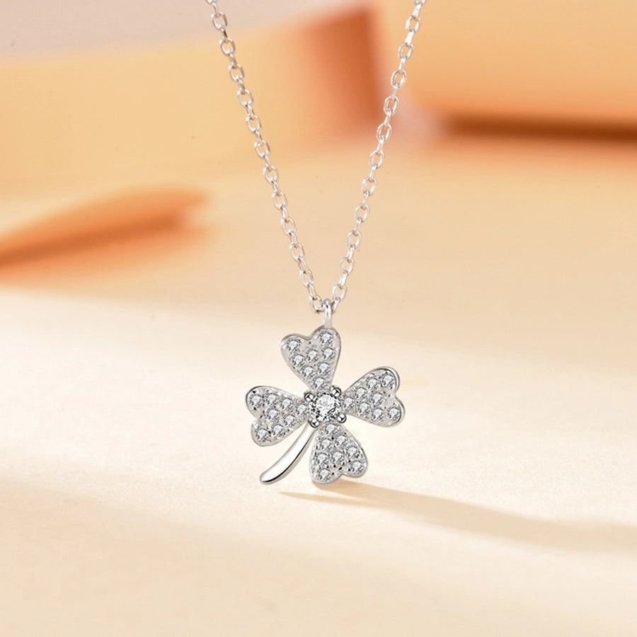 925 Sterling Silver Zircon cable chain Inlay Four Leaf Clover Pendant Necklace