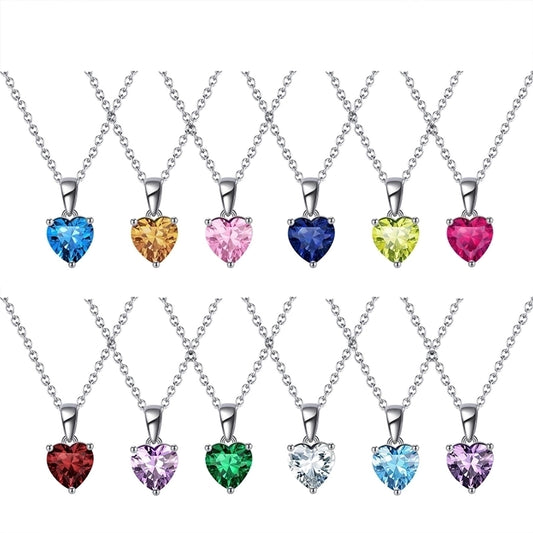 925 Sterling Silver Plated cable chain Round Heart Shape Birthday Stone Necklace