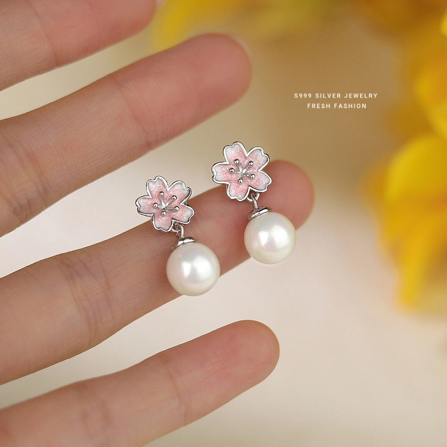 1 Pair S999 Silver Artificial Pearls Glass Bead 925 Sterling Silver Earrings Cherry Blossom Flower Drop Earrings