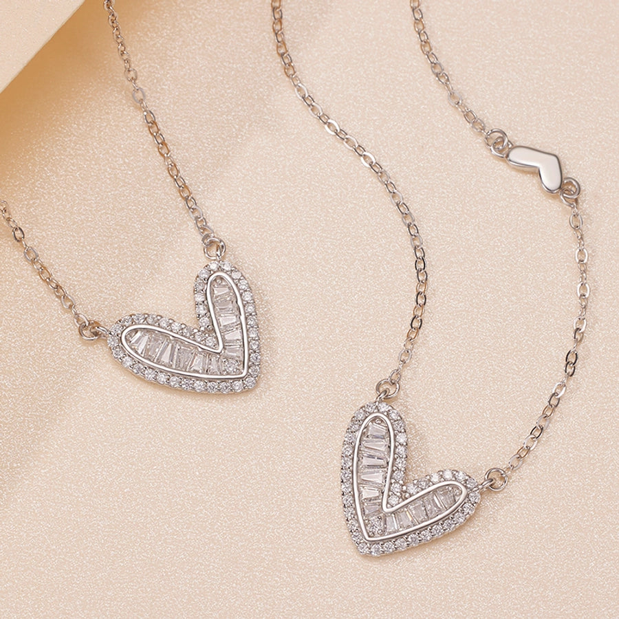 925 Sterling Silver Long-Lasting Plated Zircon cable chain Polishing Heart Shape Pendant Necklace