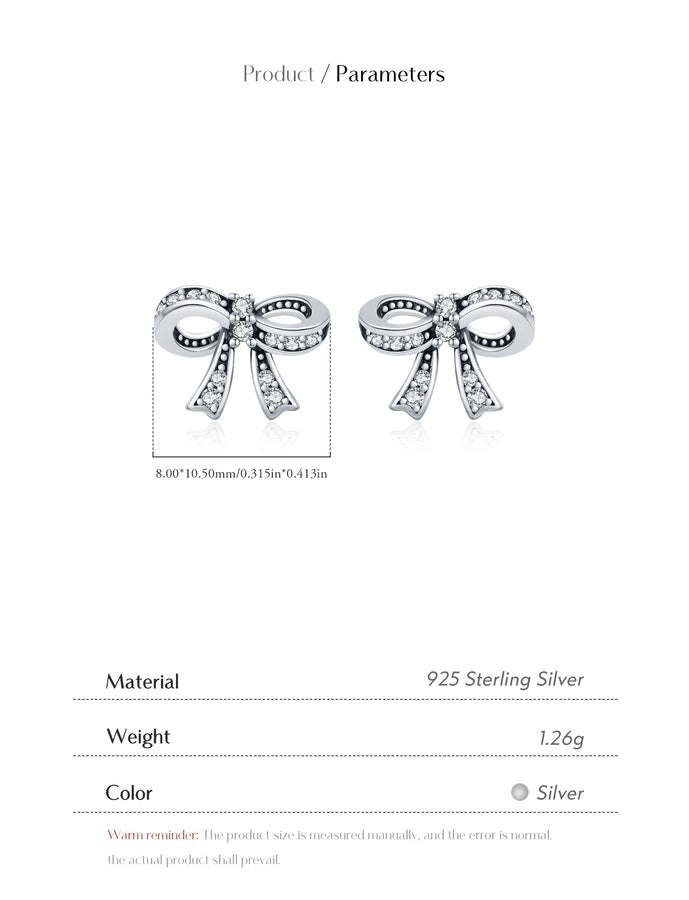 1 Pair Rhodium Plated 925 Sterling Silver Zircon 925 Sterling Silver Earrings Bow Knot Ear Studs