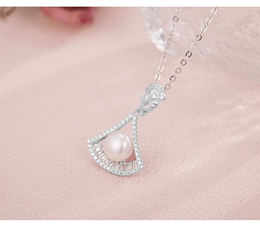 925 Sterling Silver Long-Lasting Plated Pearl Zircon cable chain Polishing Plating Inlay Geometric Sector Pendant Necklace