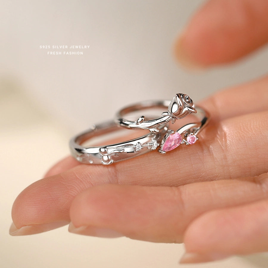 925 Sterling Silver Zircon Rose Open Rings 925 Sterling Silver Rings