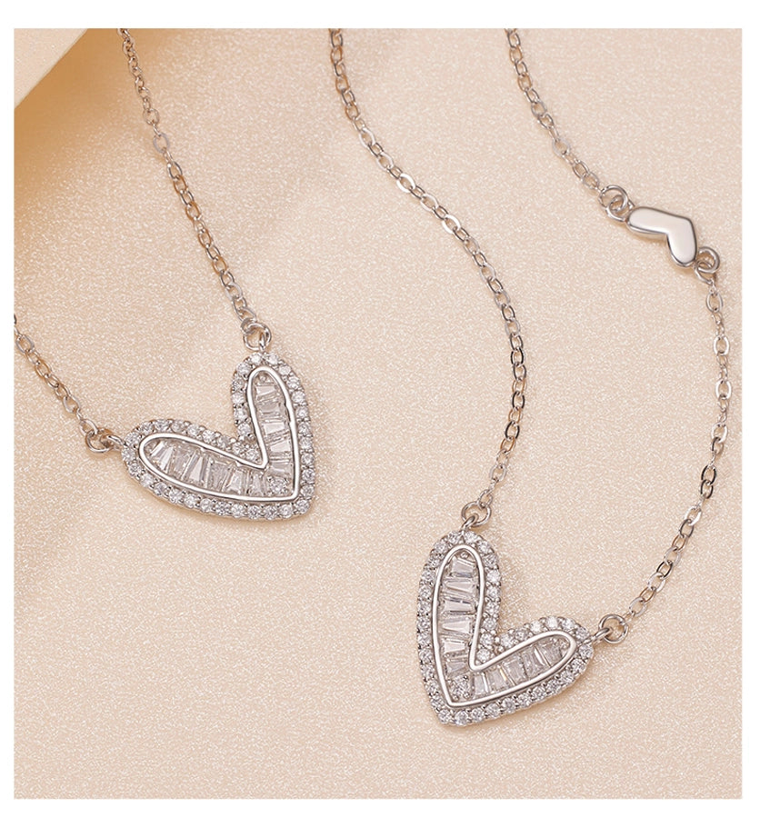 925 Sterling Silver Long-Lasting Plated Zircon cable chain Polishing Heart Shape Pendant Necklace