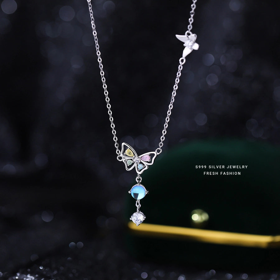 S999 Silver Artificial Moonstone Zircon cable chain Plating Butterfly Pendant Necklace