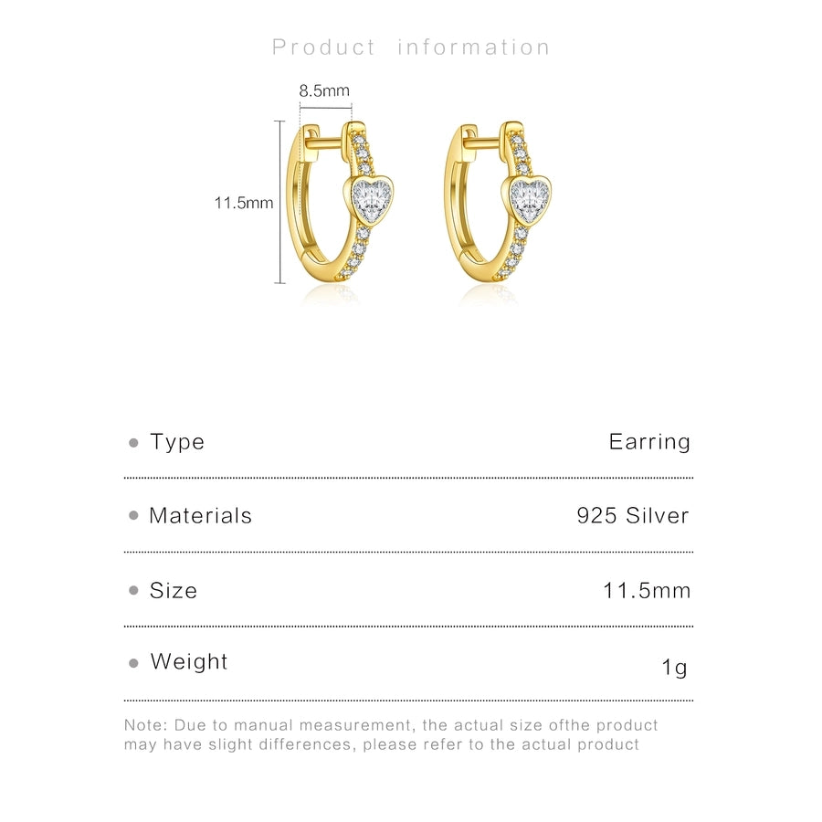 1 Pair 18K Gold Plated White Gold Plated 925 Sterling Silver Zircon 925 Sterling Silver Earrings Heart Shape Hoop Earrings