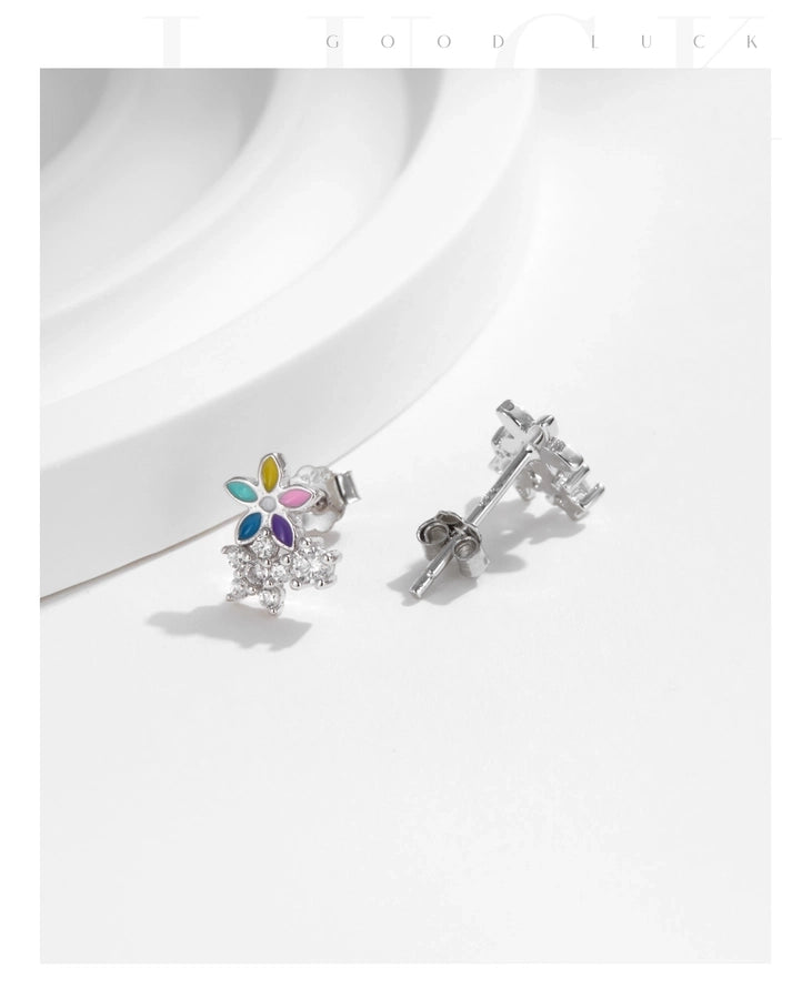 1 Pair Rhodium Plated 925 Sterling Silver Zircon 925 Sterling Silver Earrings Flower Ear Studs