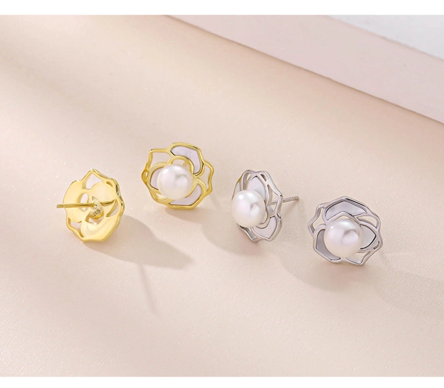 1 Pair 18K Gold Plated White Gold Plated 925 Sterling Silver Pearl Shell 925 Sterling Silver Earrings Geometric Flower Ear Studs