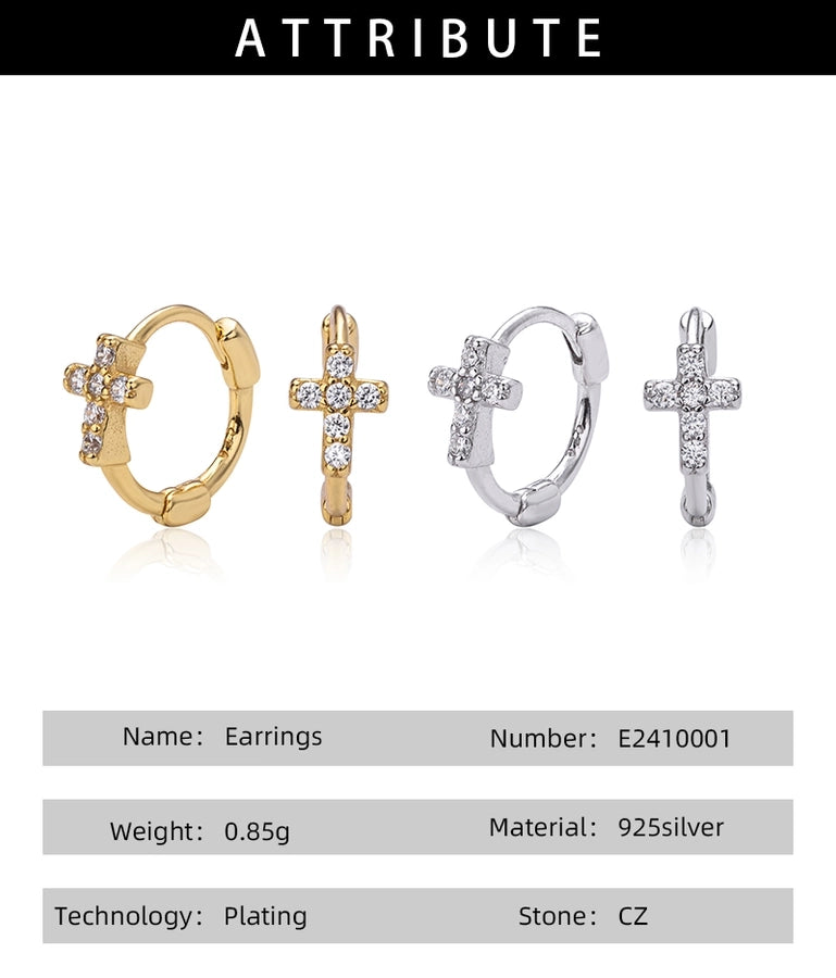 1 Pair 18K Gold Plated White Gold Plated Rhodium Plated 925 Sterling Silver 925 Sterling Silver Zircon 925 Sterling Silver Earrings Cross Earrings