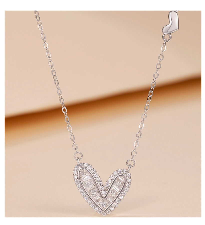 925 Sterling Silver Long-Lasting Plated Zircon cable chain Polishing Heart Shape Pendant Necklace