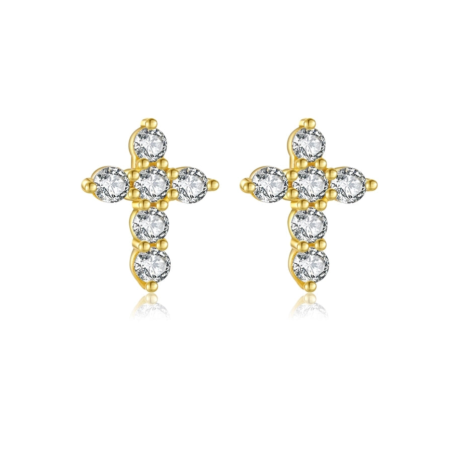 1 Pair 18K Gold Plated White Gold Plated 925 Sterling Silver Zircon 925 Sterling Silver Earrings Cross Ear Studs