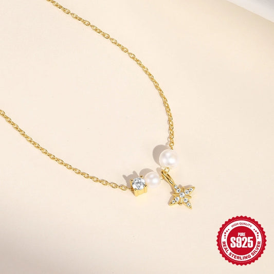 925 Sterling Silver Plastic Beads Zircon cable chain Plating Eight awn star Pendant Necklace