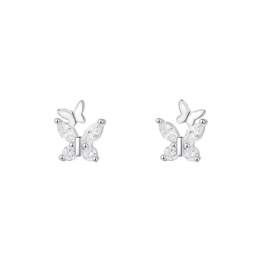 1 Pair S999 Silver Zircon 925 Sterling Silver Earrings Butterfly Ear Studs