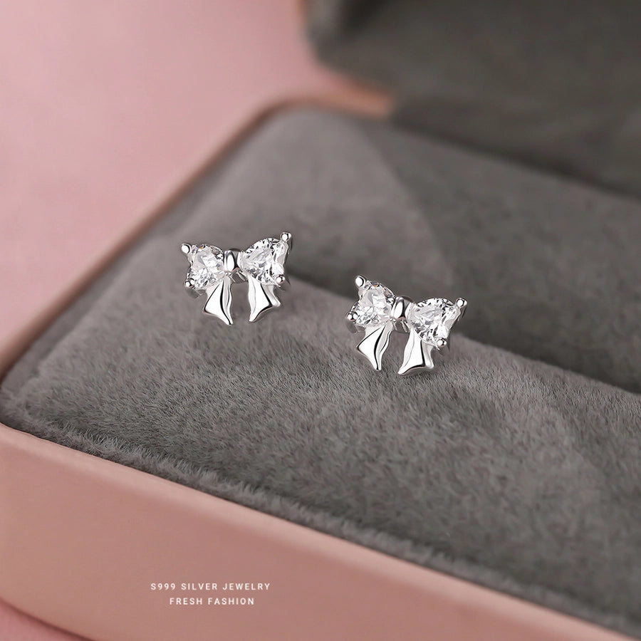 1 Pair S999 Silver Zircon 925 Sterling Silver Earrings Bow Knot Ear Studs