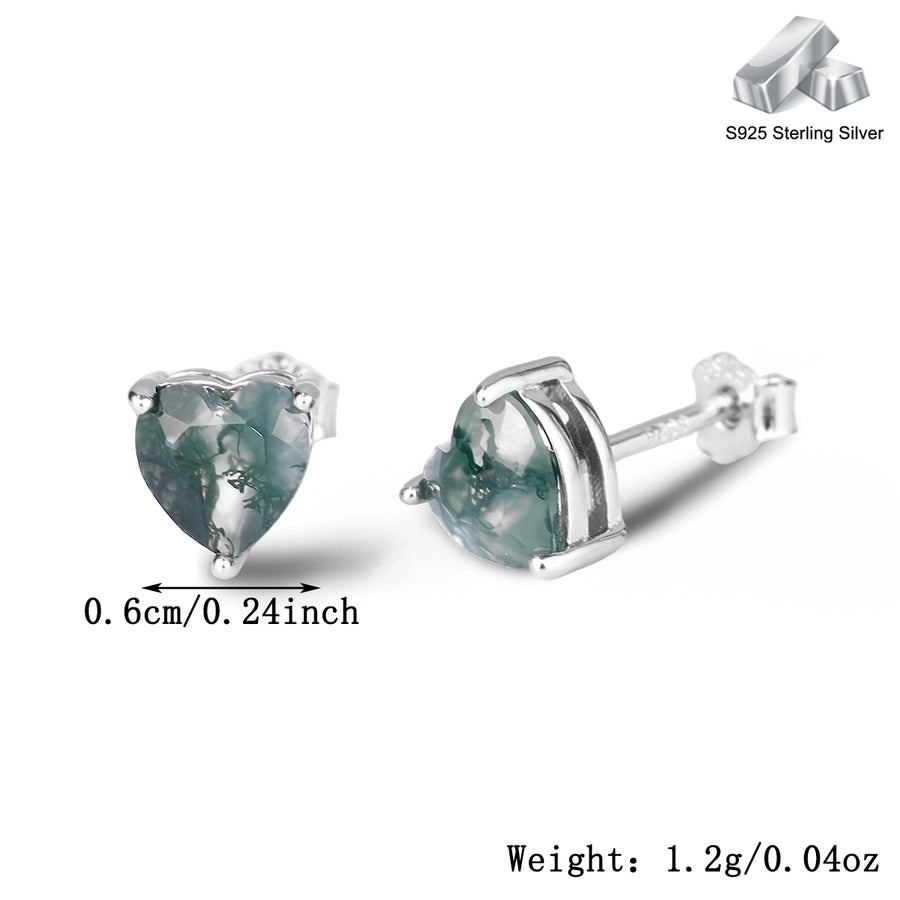 One S925 Sterling Silver Moss Agate Love Heart Stud Earrings Ring Necklace Fresh Water Plants Agate Heart-Shaped Vintage Fine Jewelry Suit