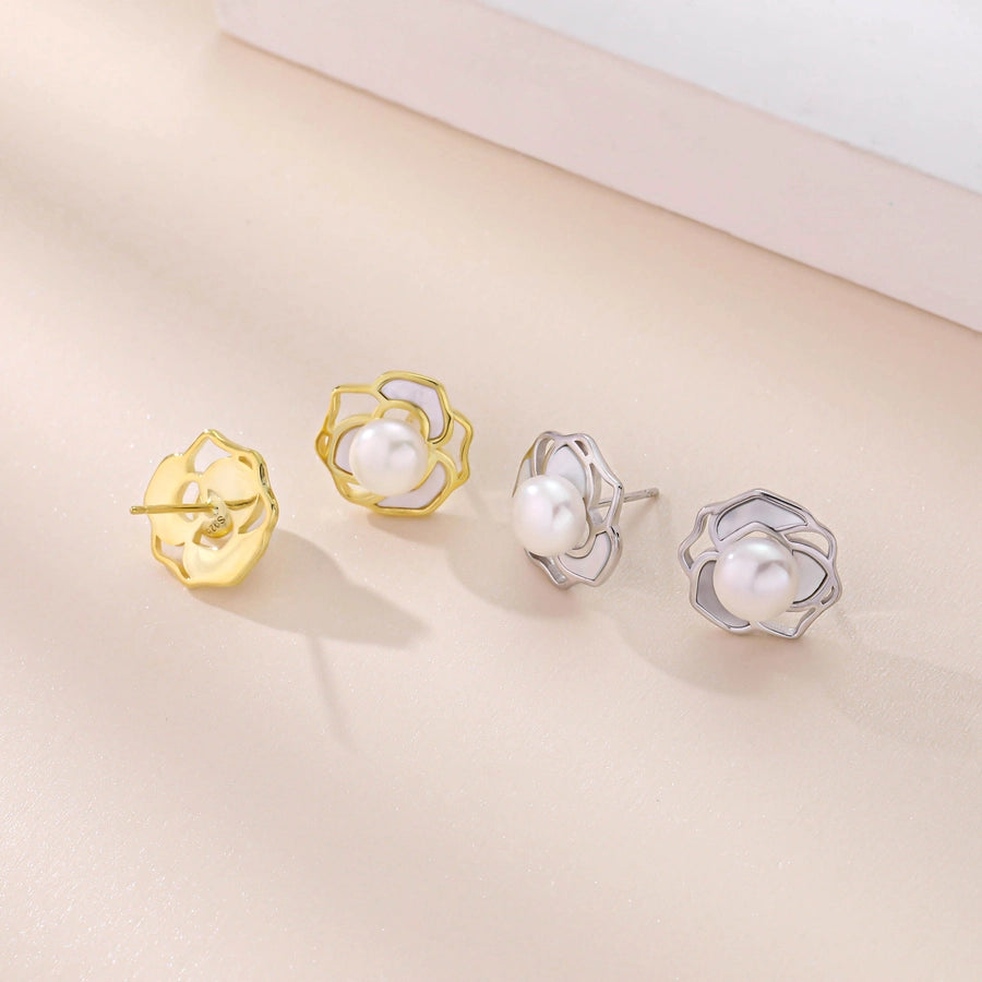 1 Pair 18K Gold Plated White Gold Plated 925 Sterling Silver Pearl Shell 925 Sterling Silver Earrings Geometric Flower Ear Studs