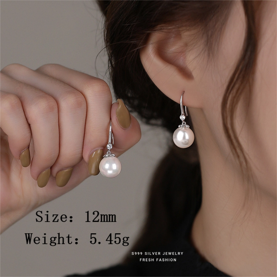 1 Pair S999 Silver Glass Bead Zircon 925 Sterling Silver Earrings Pearl Drop Earrings