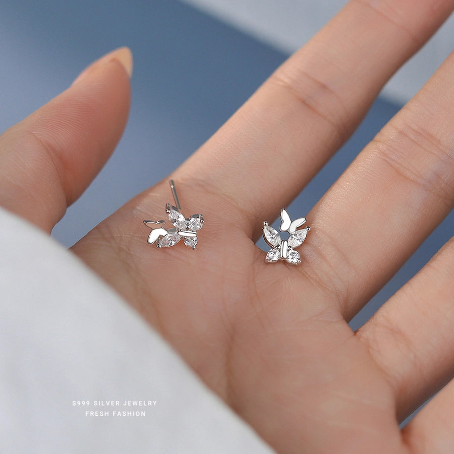 1 Pair S999 Silver Zircon 925 Sterling Silver Earrings Butterfly Ear Studs