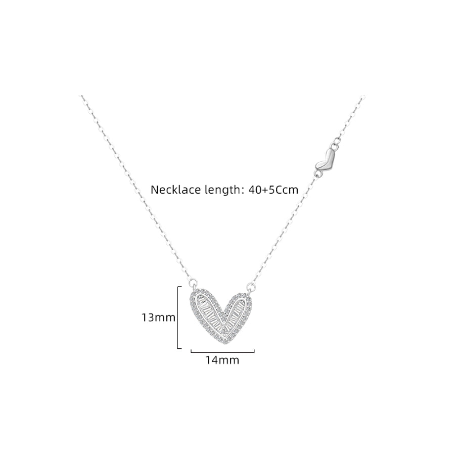 925 Sterling Silver Long-Lasting Plated Zircon cable chain Polishing Heart Shape Pendant Necklace