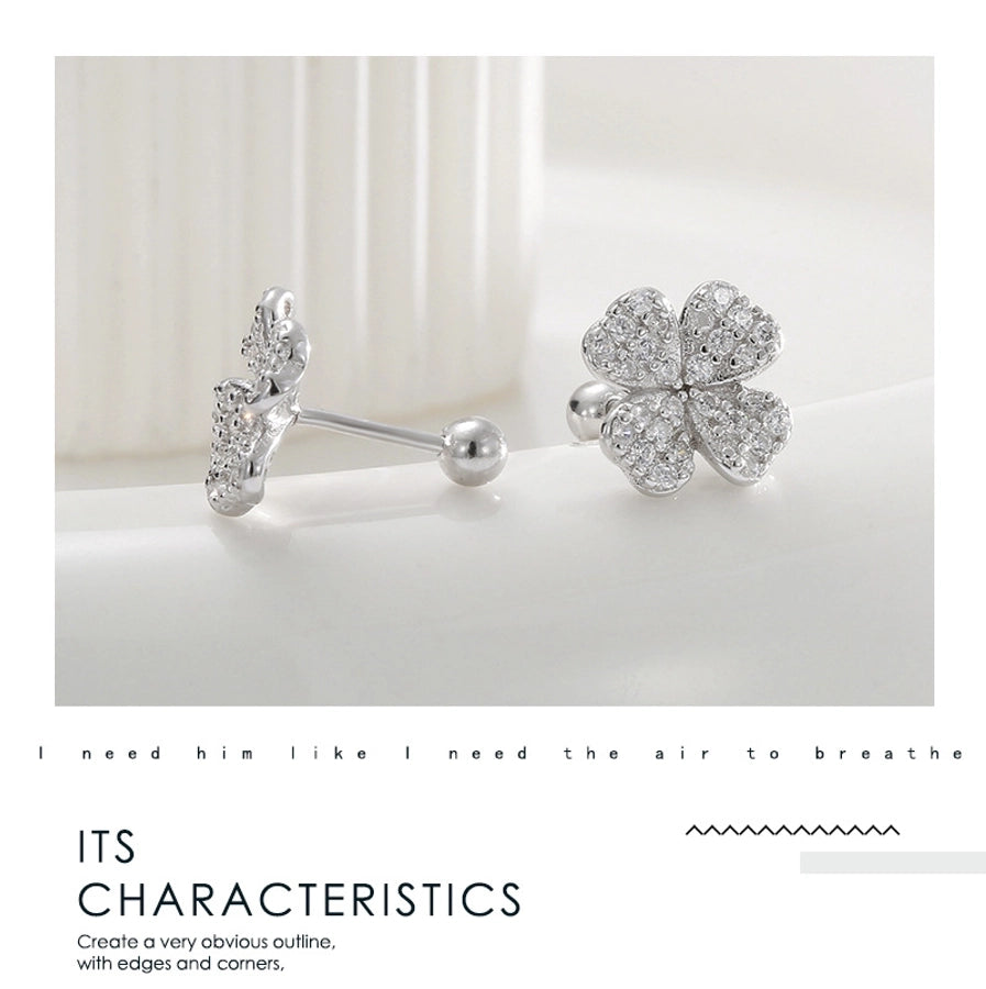 1 Pair 925 Sterling Silver Zircon 925 Sterling Silver Earrings Four Leaf Clover Ear Studs