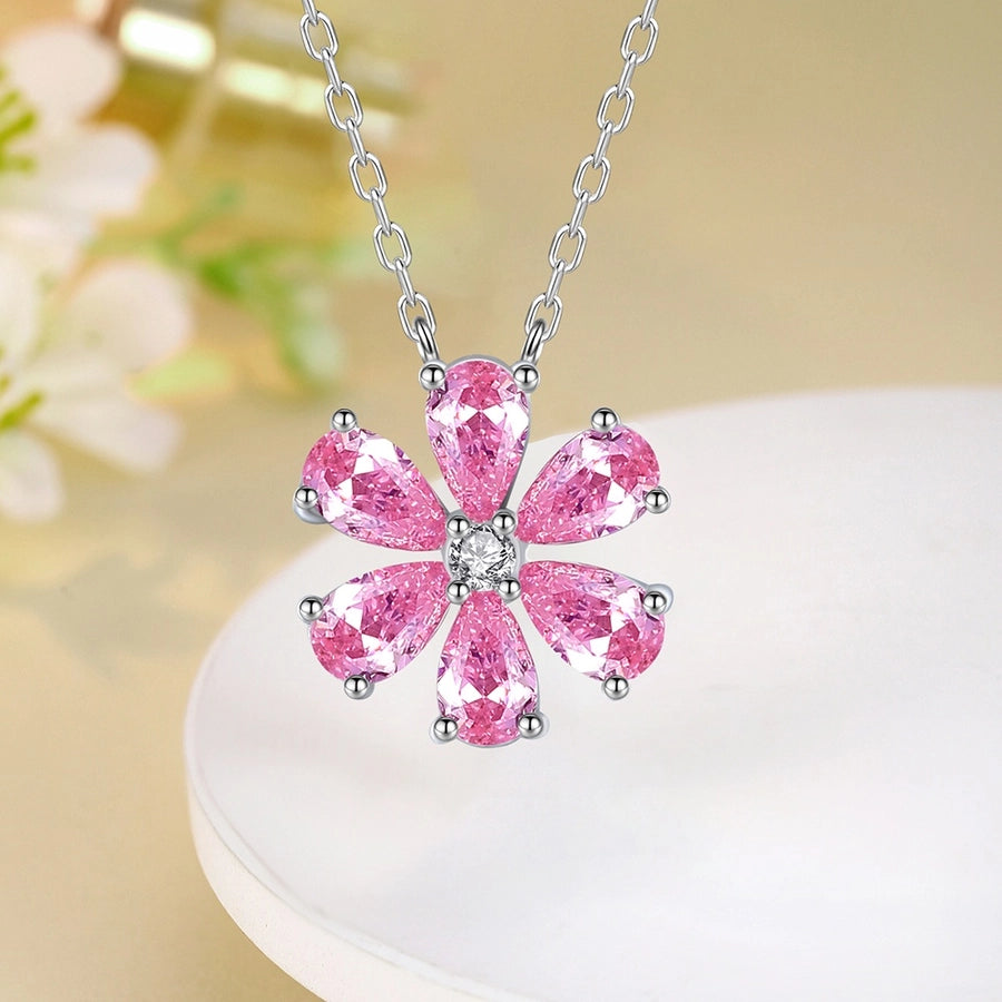 925 Sterling Silver Zircon cable chain Flower Pendant Necklace