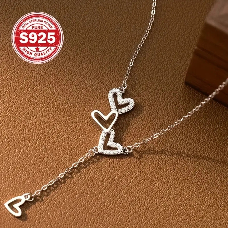 925 Sterling Silver Zircon cable chain Hollow Out Inlay Heart Shape Pendant Necklace