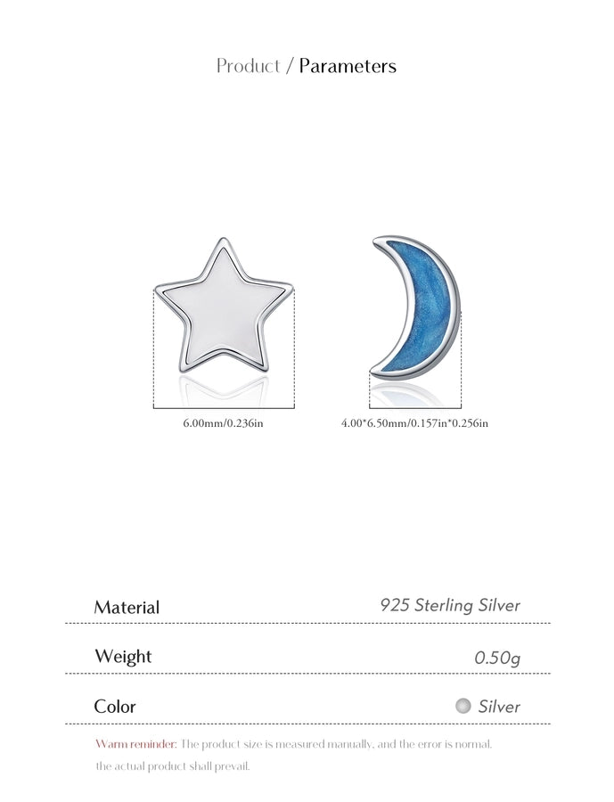 1 Pair Rhodium Plated 925 Sterling Silver 925 Sterling Silver Earrings Star Moon Ear Studs