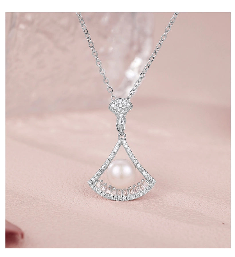 925 Sterling Silver Long-Lasting Plated Pearl Zircon cable chain Polishing Plating Inlay Geometric Sector Pendant Necklace