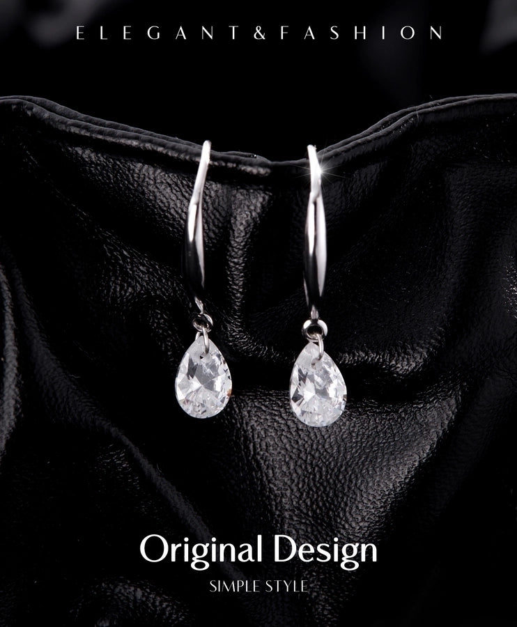 1 Pair Rhodium Plated 925 Sterling Silver Zircon 925 Sterling Silver Earrings Water Droplets Drop Earrings