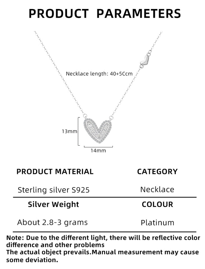 925 Sterling Silver Long-Lasting Plated Zircon cable chain Polishing Heart Shape Pendant Necklace