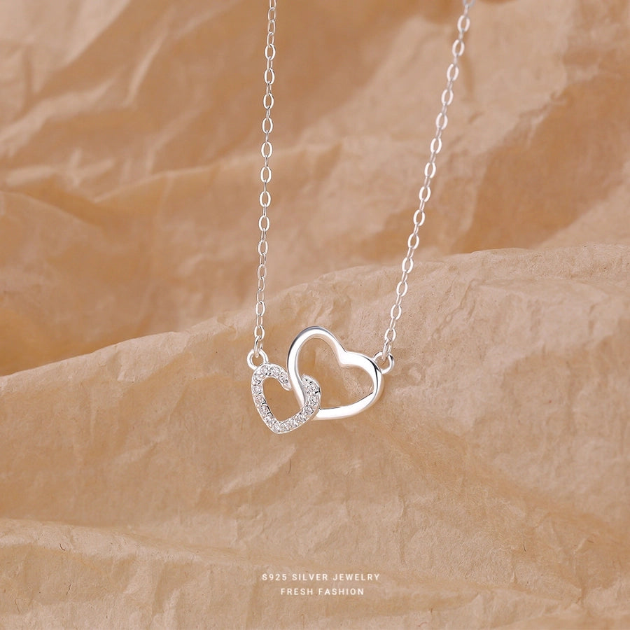 925 Sterling Silver Zircon cable chain Plating Double Heart Pendant Necklace