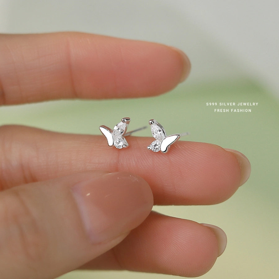 1 Pair S999 Silver Zircon 925 Sterling Silver Earrings Butterfly Ear Studs