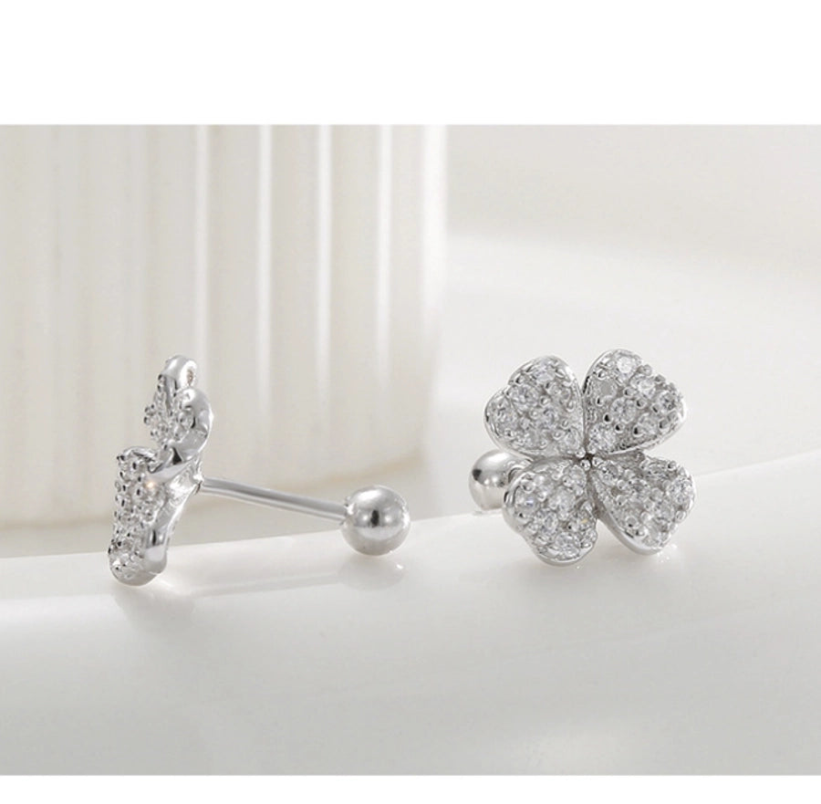 1 Pair 925 Sterling Silver Zircon 925 Sterling Silver Earrings Four Leaf Clover Ear Studs