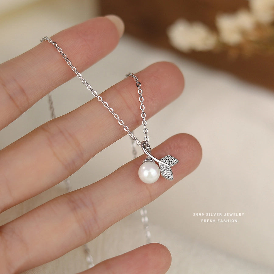 S999 Silver Glass Bead Zircon cable chain Plating Fish Tail Pendant Necklace