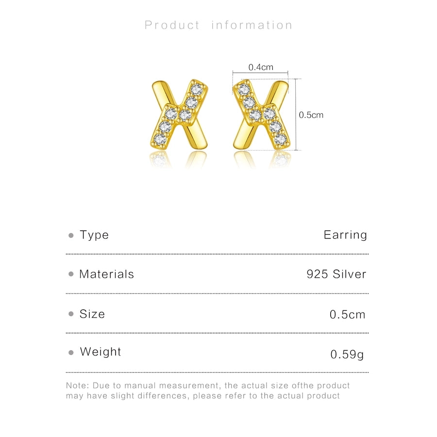 1 Pair 18K Gold Plated White Gold Plated 925 Sterling Silver Zircon 925 Sterling Silver Earrings Letter Ear Studs