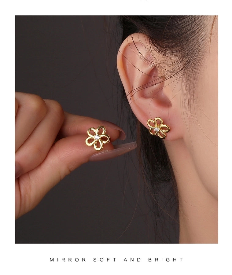 1 Pair 14K Gold Plated 925 Sterling Silver Zircon 925 Sterling Silver Earrings Flower Ear Studs