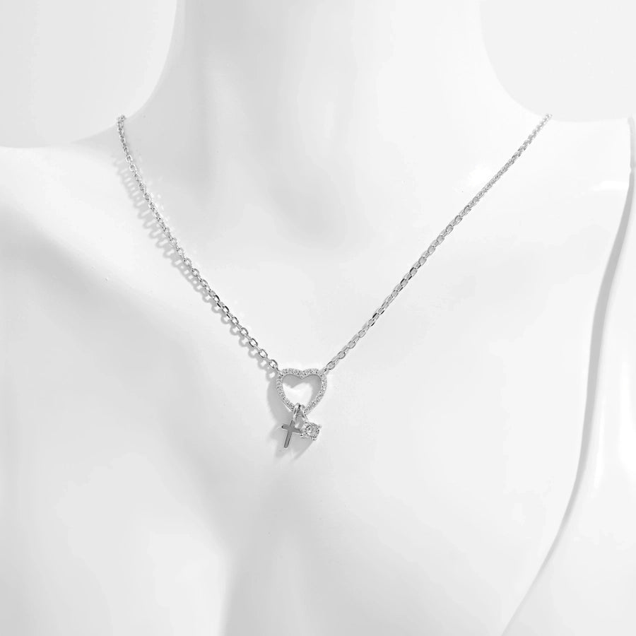 925 Sterling Silver Plated Zircon cable chain Inlay Cross Heart Shape Pendant Necklace