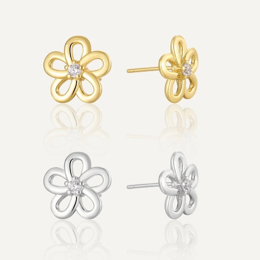 1 Pair 14K Gold Plated 925 Sterling Silver Zircon 925 Sterling Silver Earrings Flower Ear Studs