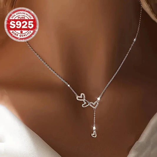 925 Sterling Silver Zircon cable chain Hollow Out Inlay Heart Shape Pendant Necklace