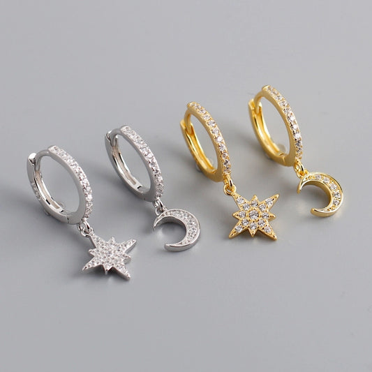 1 Pair 18K Gold Plated White Gold Plated 925 Sterling Silver Zircon 925 Sterling Silver Earrings Star Moon Drop Earrings