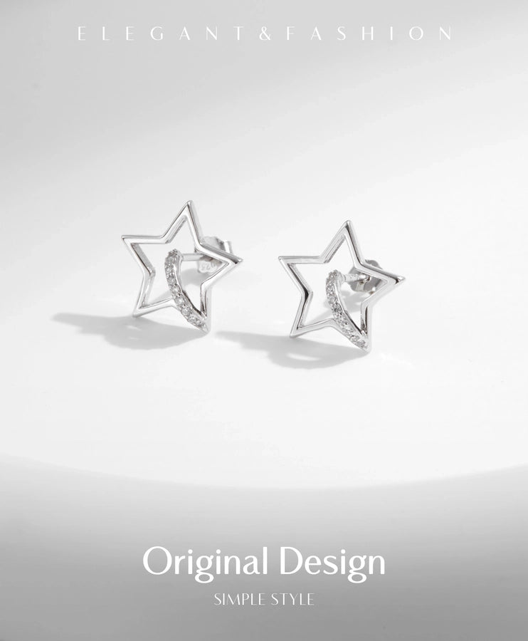 1 Pair Rhodium Plated 925 Sterling Silver Zircon 925 Sterling Silver Earrings Star Ear Studs