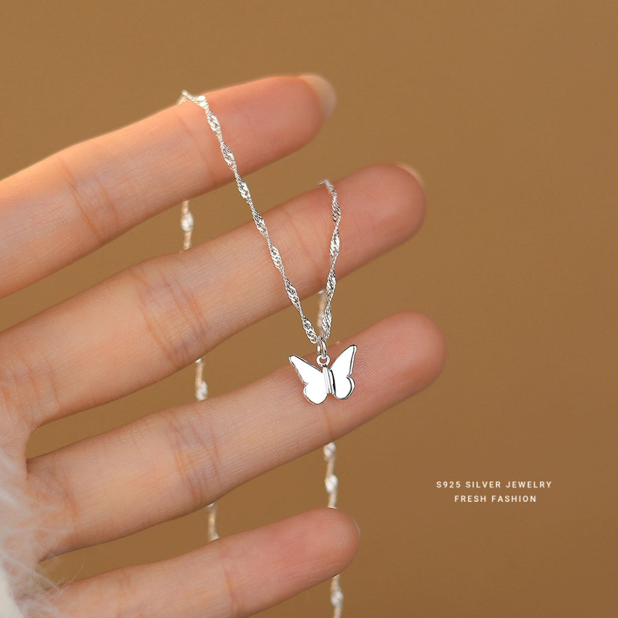 925 Sterling Silver Singapore chain Plating Butterfly Pendant Necklace