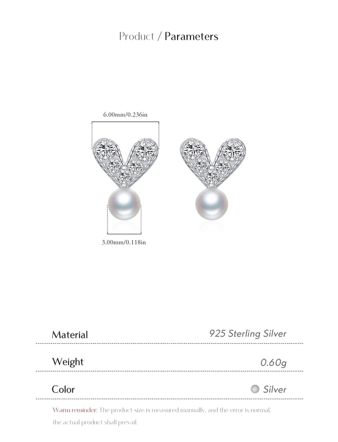 1 Pair Rhodium Plated 925 Sterling Silver Pearl Zircon 925 Sterling Silver Earrings Heart Shape Ear Studs