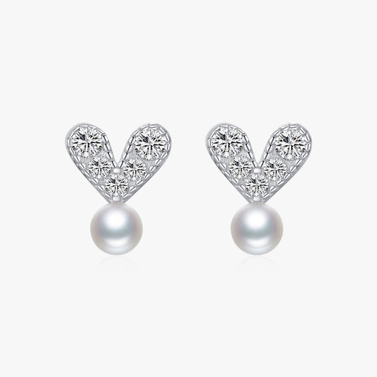 1 Pair Rhodium Plated 925 Sterling Silver Pearl Zircon 925 Sterling Silver Earrings Heart Shape Ear Studs