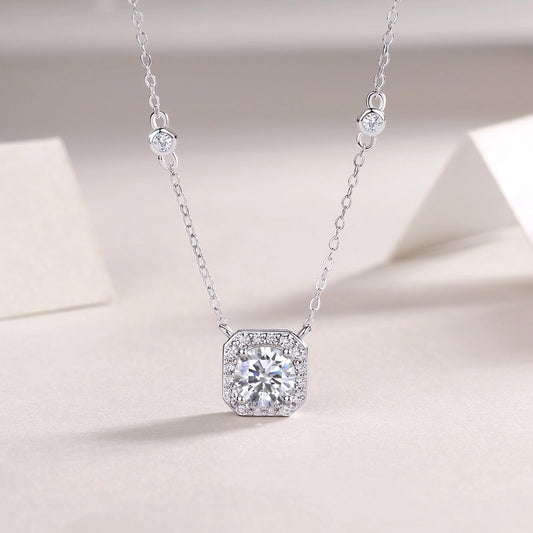 1.0ct 925 Sterling Silver Moissanite cable chain Geometric GRA Certificate Pendant Necklace