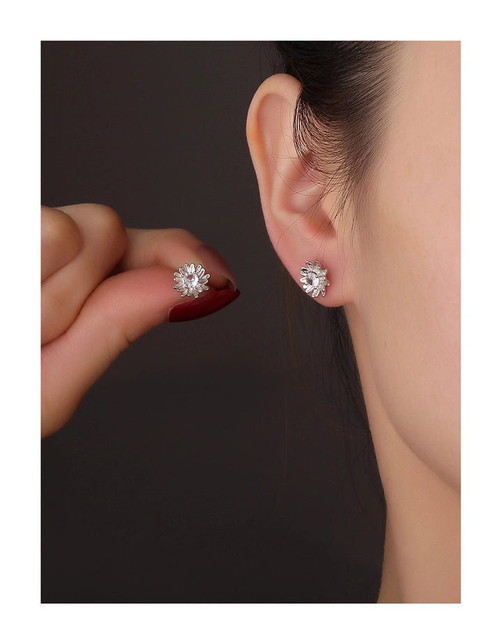 1 Pair 925 Sterling Silver Zircon 925 Sterling Silver Earrings Flower Ear Studs