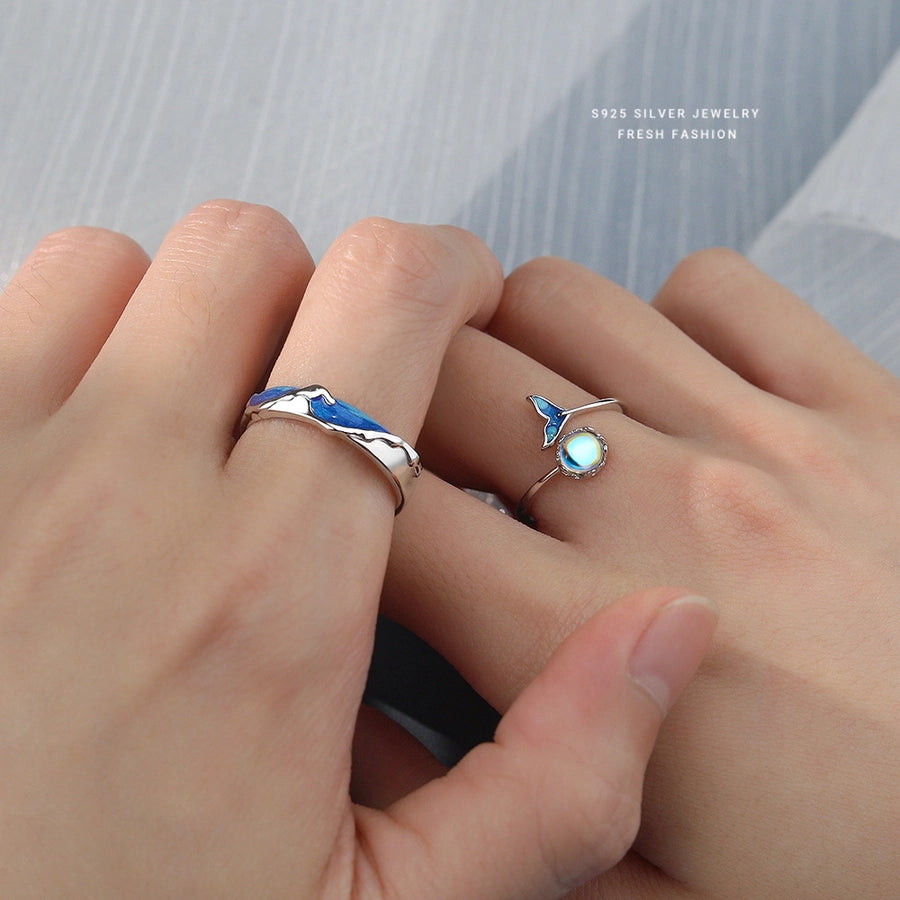 925 Sterling Silver Artificial Moonstone Sea Wave Fish Tail Whale Open Rings 925 Sterling Silver Rings