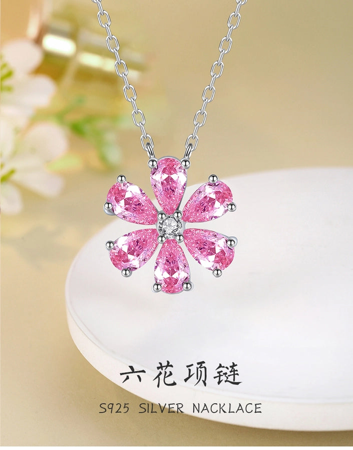 925 Sterling Silver Zircon cable chain Flower Pendant Necklace