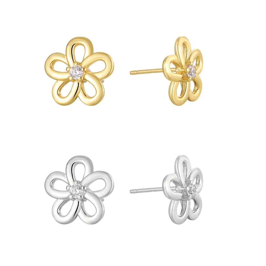 1 Pair 14K Gold Plated 925 Sterling Silver Zircon 925 Sterling Silver Earrings Flower Ear Studs