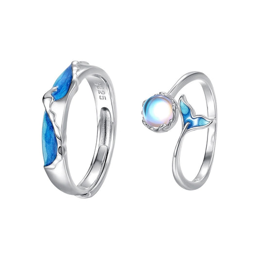 925 Sterling Silver Artificial Moonstone Sea Wave Fish Tail Whale Open Rings 925 Sterling Silver Rings